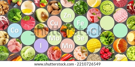 Essential trace elements of the human body include zinc (Zn), copper (Cu), selenium (Se), chromium (Cr), cobalt (Co), iodine (I), manganese (Mn), and molybdenum (Mo) isolated on dark background Royalty-Free Stock Photo #2210726549