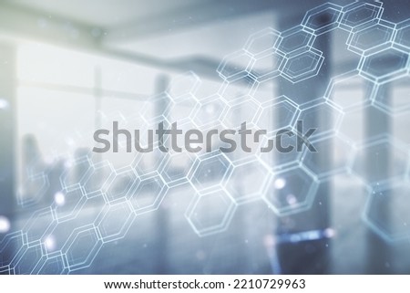 Abstract virtual technology sketch with hexagon grid on empty classroom background, future technology and AI concept. Double exposure