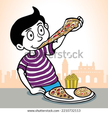 vector illustration of a cute boy eating pizza.