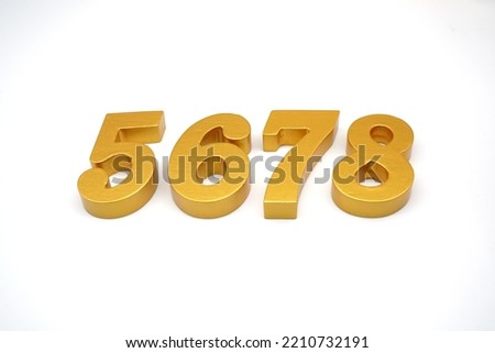  Number 5678 is made of gold-painted teak, 1 centimeter thick, placed on a white background to visualize it in 3D.                                 