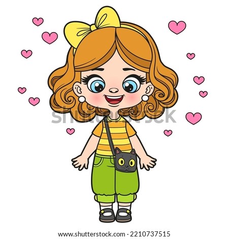 Cute cartoon girl with a cat bag color variation for coloring page on white background
