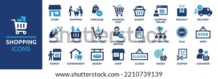 Shopping icon set. Online shopping, store, delivery, promotion and shopping cart symbol. Solid icons vector collection. Royalty-Free Stock Photo #2210739139