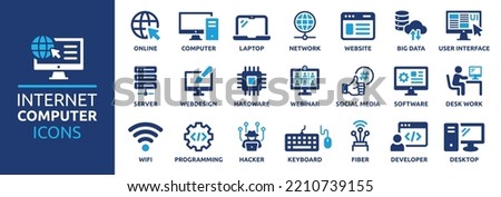 Internet computer icon set. Containing online, computer, network, website, server, web design, hardware, software and programming. Solid icons vector collection. Royalty-Free Stock Photo #2210739155