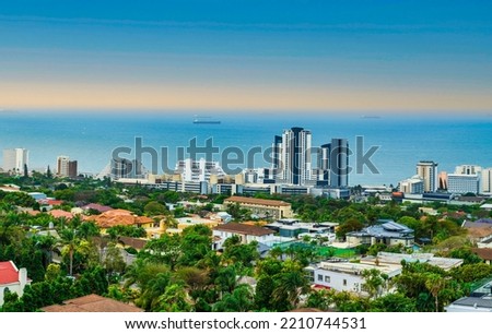 Aerial view uMhlanga suburb and seaside skyline during sunset in KwaZulu-Natal, South Africa