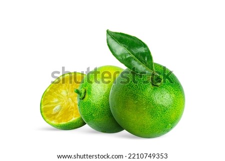 Cumquat or Kumquat fruit with leaf isolated on white background. Clipping path Royalty-Free Stock Photo #2210749353