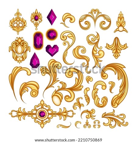 Vintage gold ornament elements vector illustrations set. Floral or ornate decor with gems in rococo or baroque style for frame, jewellery scroll or crown on white background. Jewelry, luxury concept Royalty-Free Stock Photo #2210750869