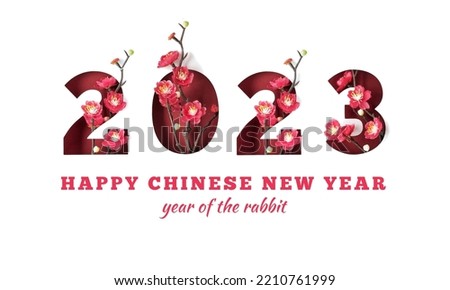 Happy Chinese new year 2023 year of the rabbit lunar cycle. Number outlines with red plum flowers on dark red paper. Composite design element with greeting, caption, text, isolated on white background