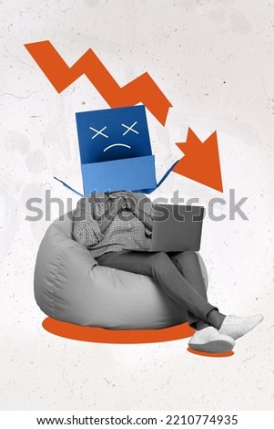 Collage 3d image of pinup pop retro sketch of upset woman wear sad face box head laptop business crisis bankruptcy inflation stock crash Royalty-Free Stock Photo #2210774935