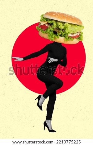 Creative photo 3d collage poster postcard artwork of weird person like fastfood burger instead face isolated on drawing background