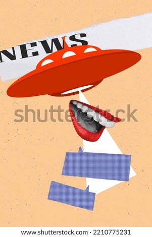 Collage 3d image of pinup pop retro sketch of woman talking big mouth kidnap ufo aliens supernatural broadcasting news journalist reporter