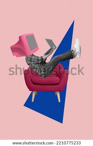 Creative photo 3d collage poster postcard artwork of young weird person tv set instead face sit furniture isolated on drawing background