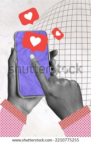 Creative abstract template collage of woman hands scrolling smartphone screen social media icons notifications hearts likes browsing