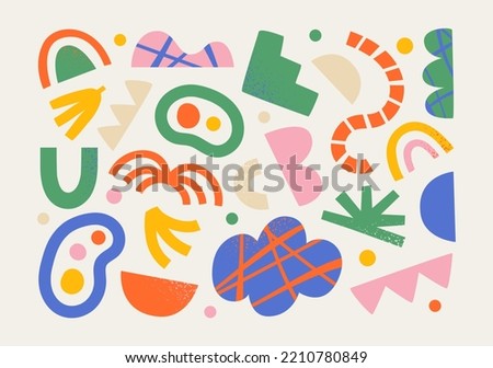 Set of colorful abstract shape doodle. Creative collage shapes collection. Random drawing, geometric art on isolated background. Modern contemporary illustration cartoon bundle.