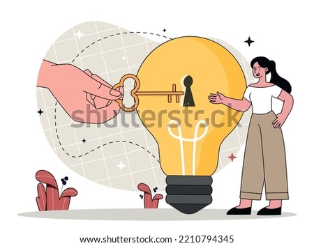 Unlock potential concept. Woman stands in front of hand opening light bulb with key. Motivation and leadership, insight and creativity. Poster or banner for website. Cartoon flat vector illustration Royalty-Free Stock Photo #2210794345
