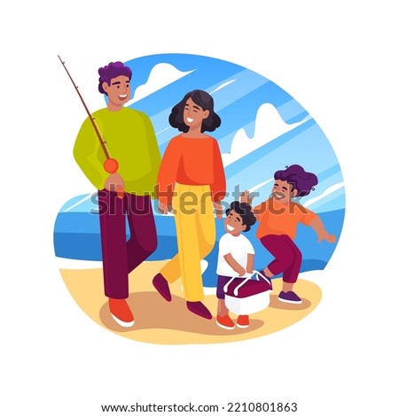 Go fishing isolated cartoon vector illustration. Family walking along the shore, holding fishing rod, dad and kids on vacation at the lake, going to catch fish, holiday activity vector cartoon.