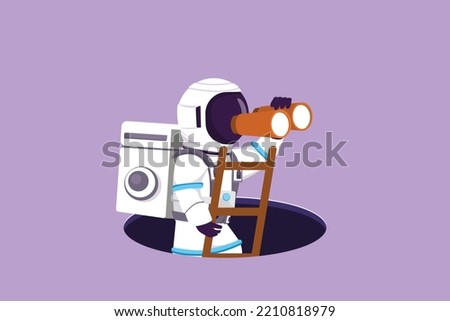 Cartoon flat style drawing young astronaut climbs out of hole by ladder and using binocular in moon surface. Looking for opportunity. Cosmonaut deep space concept. Graphic design vector illustration