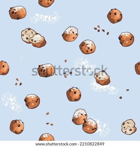 Seamless pattern with Dutch traditional 'oliebollen', deep fried doughnut balls with raisins and powdered sugar, typical Dutch food for new-year Royalty-Free Stock Photo #2210822849
