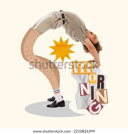 Contemporary art collage. Young man doing stretching in the morning on long legs. Morning exercises. Concept of creativity, surrealism, hobby, imagination. Copy space for ad, poster