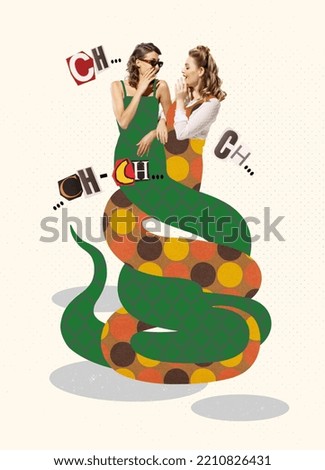 Contemporary art collage. Young woman with snake tails whispering gossips, talking rumors. Creative design. Concept of creativity, surrealism, imagination. Copy space for ad, poster