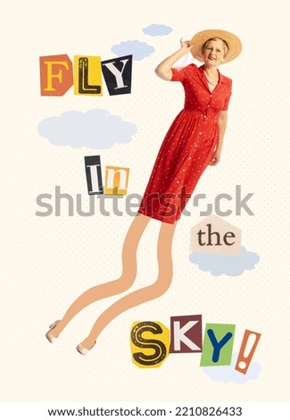 Contemporary art collage. Creative design with beautiful senior woman in stylish red dress on long legs dreaming. Concept of creativity, surrealism, imagination. Copy space for ad, poster