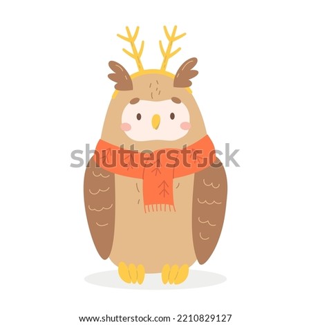 Vector winter owl dressed in scarf and deer horns. Cute seasonal cartoon character of brown wild bird for christmas party
