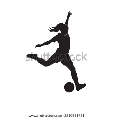 Female football. silhouette of athlete soccer players with ball in motion, action isolated on white background. Royalty-Free Stock Photo #2210831981