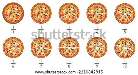 Fraction pizzas. Fraction for kids. Pizza slices. Fraction fun with pizza. vector illustration isolated on white background.