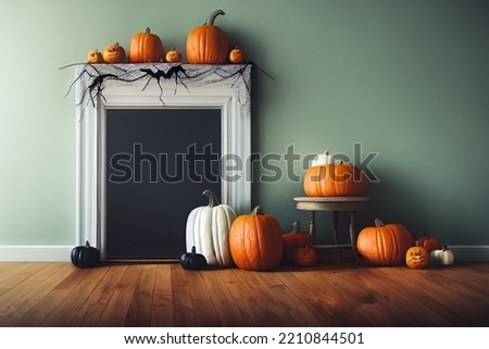 Orange pumpkins near fireplace, wooden floor and chair in room. Halloween pumpkins
