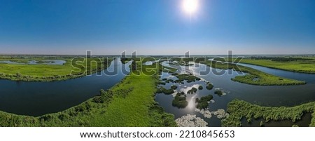 Panorama 360 wildlife. The Dnieper River, in the Kherson region. Sunny weather.