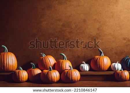 Orange Halloween pumpkins lying on wooden floor. Pumpkins for celebration
