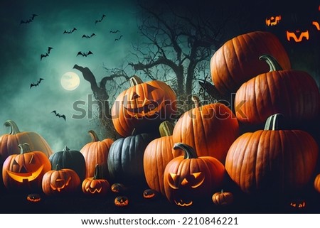 Scary forest with Halloween pumpkins. Bats, moon and trees. Creepy orange pumpkins.
