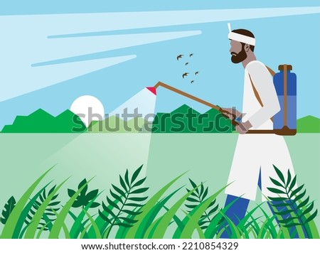 Modern Illustration of Indian farmer spraying pesticides in the agricultural field. Agriculture worker. Young farmer spraying pesticides. Taking care about vineyard. Pest control Vector illustration.
