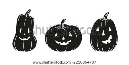 Set of different pumpkins. Main symbol of Halloween. Black pumpkins with various funny faces. Template for your design. Hand drawn trendy Vector illustration. All elements are isolated.