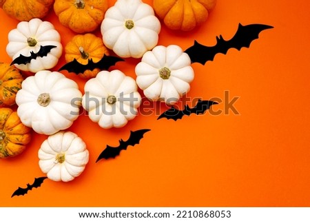 Halloween flat lay composition of black paper bats And pumpkins on orange background. Halloween concept.