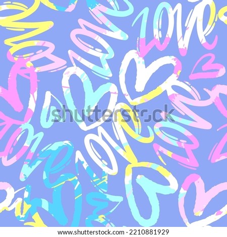 Abstract seamless chaotic pattern with words 'love' and hearts. Grunge colourful background. Wallpaper for girls. 