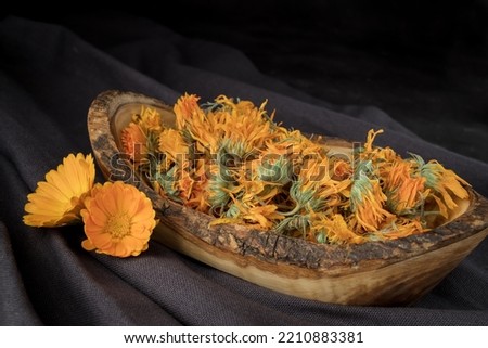 Composition of dried calendula herbs and flowers