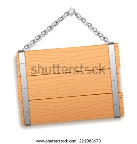 Wooden signboard hanging on metal chain.