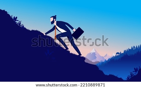 Climbing businessman - Business person walking up steep hill. Challenge and adversity concept. Vector illustration Royalty-Free Stock Photo #2210889871