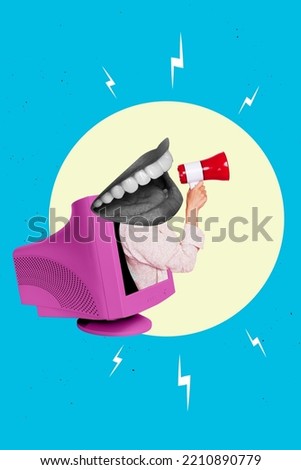 Creative abstract template collage of woman big mouth instead head speak megaphone loudspeaker announce inform old retro vintage computer