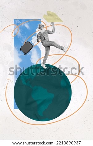 Composite collage picture image of funny happy excited senior retired man walking miniature planet earth world adventure hold paper plane