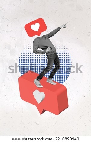Vertical creative collage image of positive nab heart like notification bubble social media instead head point forward direction strategy