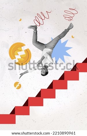 Creative photo 3d collage poster postcard artwork of crazy man falling down ladder catch golden coin isolated on drawing background