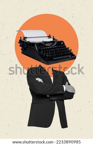Composite collage image of man wearing classic suit retro vintage typewriter instead head type book script journalist article old fashioned Royalty-Free Stock Photo #2210890985