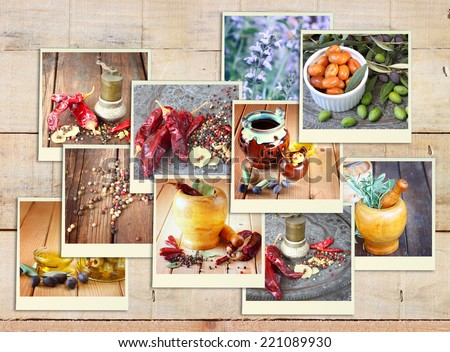Images with a variety of different spices. collage on wooden background