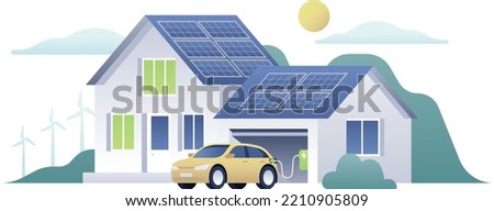 Isolated vector illustration of an electric car charging at a garage charger station in a smart house. Rooftop solar panels and wind turbines in the background.