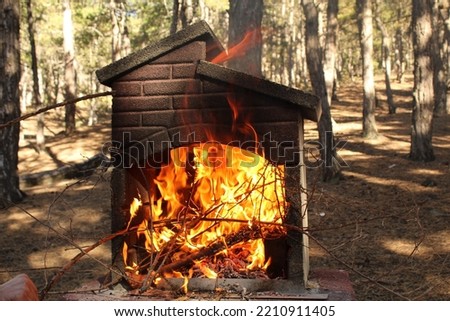 Burning woods and charcoal in a stone grill. High quality photo