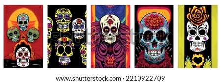 set vertical posters Day Dead. Traditional vetor illustration holiday Mexican region, with sugar skulls tribute deceased. with floral ornament flower garland. design fabrics, textiles, paper