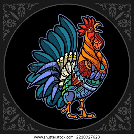 Colorful Rooster Mandala arts isolated on black background.