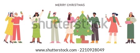 A lot of people are gathering and having a Christmas party. flat design style vector illustration.