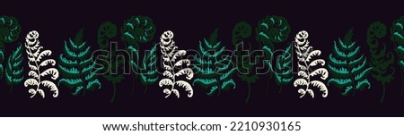 A vector illustration of fern pattern. Fern pattern with paint prints of fern leaves. Set of silhouettes of ferns. Can be used for textiles, wallpaper, wrapping paper